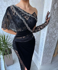 Stunning Long Black Mermaid Lace Off-the-shoulder Dress With Dramatic Slit