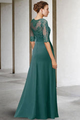 Beautiful Long Green A-line Lacy Chiffon Dress with Elegant Sleeves for Mother of the Bride