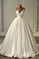 Beautiful Long Ivory A-line Satin Princess Wedding Dress with Pearl Details