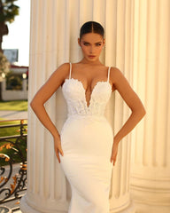 Stunning Long Ivory Mermaid Dress with Spaghetti Straps and Lace Satin Corset