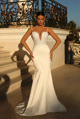 Stunning Long Ivory Mermaid Dress with Spaghetti Straps and Lace Satin Corset