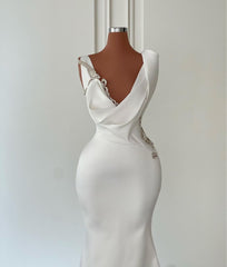 Beautiful Long Ivory Mermaid V-neck Satin Beaded Wedding Dress Sleeveless