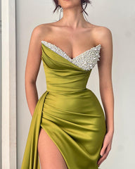 Beautiful Long Mermaid Dress With Sleeveless Designer Satin And Pearls Detailing Plus Slit