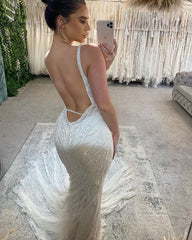 Gorgeous Long Mermaid V-neck Beaded Sleeveless Backless Wedding Gown With Lace