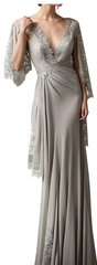 Beautiful Long Silver V-neck Mother of Bride Satin Dress with Lace Accents