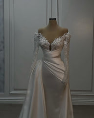 Gorgeous Long White A-line Lace Satin Wedding Dress With Long Sleeves