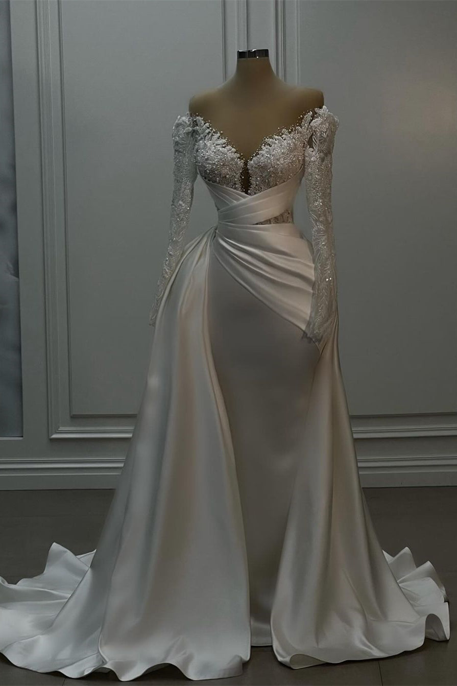 Gorgeous Long White A-line Lace Satin Wedding Dress With Long Sleeves