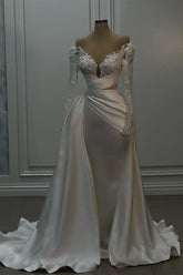 Gorgeous Long White A-line Lace Satin Wedding Dress With Long Sleeves