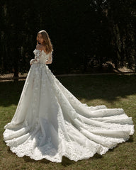 Beautiful Long White A-line Strapless Lace Long Sleeves Wedding Dress with Slit