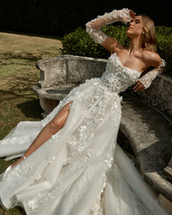 Beautiful Long White A-line Strapless Lace Long Sleeves Wedding Dress with Slit