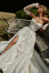 Beautiful Long White A-line Strapless Lace Long Sleeves Wedding Dress with Slit