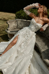 Beautiful Long White A-line Strapless Lace Long Sleeves Wedding Dress with Slit