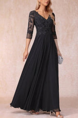 Black Long A-line V-neck Lacy Chiffon Dress with Sleeves for the Elegant Mother of the Bride