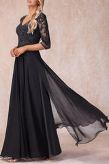 Black Long A-line V-neck Lacy Chiffon Dress with Sleeves for the Elegant Mother of the Bride