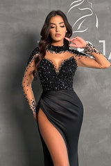Gorgeous Long Black Split Front Halter Sweetheart Floor-Length Beading Stain Prom Dresses with Long Sleeves