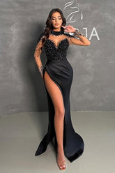 Gorgeous Long Black Split Front Halter Sweetheart Floor-Length Beading Stain Prom Dresses with Long Sleeves