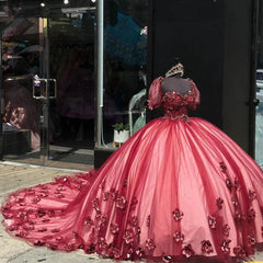 Burgundy Red Quinceanera Dress 3D Floral Applique Sweetheart Neckline Tulle Ball Gown for Sweet 15 & 16 Celebrations