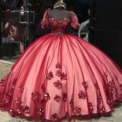 Burgundy Red Quinceanera Dress 3D Floral Applique Sweetheart Neckline Tulle Ball Gown for Sweet 15 & 16 Celebrations