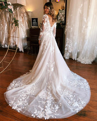 Charming Long A-line Wedding Dress With Appliques And Long Sleeves Featuring A Train