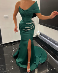 Charming Long Mermaid Dress With One Shoulder Satin Fabric Rhinestone Details And Side Slit