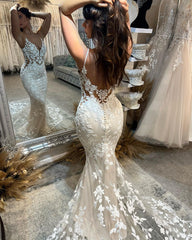 Charming Long Mermaid Spaghetti Strap Appliqué V-neck Wedding Dress With Train