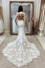 Enchanting Long White Mermaid Lace Wedding Gown with Elegant Long Sleeves