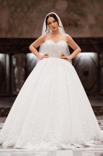 Charming Long Floor-Length Sleeveless Sweetheart Ball Gown Lace Wedding Dresses with Appliques