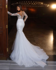 Chic Long White Mermaid Lace Beaded Tulle Long Sleeve Wedding Dress