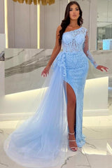 Designer Long Column Sky Blue One Shoulder Floor-Length Split Front Tulle Lace Prom Dresses with Long Sleeves