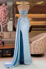 Fabulous Column Sky Blue Floor-Length Strapless Sleeveless Split Front Ruffle Stain Prom Dresses with Beads