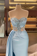 Fabulous Column Sky Blue Floor-Length Strapless Sleeveless Split Front Ruffle Stain Prom Dresses with Beads