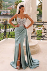 Trendy Column Sleeveless Spaghetti Straps Split Front Ruffles Stain Prom Dresses with Beads
