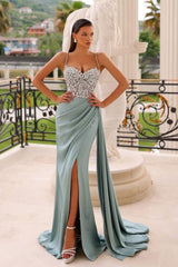 Trendy Column Sleeveless Spaghetti Straps Split Front Ruffles Stain Prom Dresses with Beads