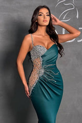 Fabulous Long Dark Green Long Column Spaghetti Straps Beading Sleeveless Prom Dresses with Ruffles