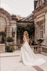 Designer Long A-line V-neck Simple Satin Sleeveless Wedding Dress with Front Slit