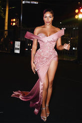 Designer Long Pink Mermaid Sexy Beaded Sleeveless Prom Dress With Slit