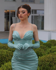 Elegant Column Spaghetti Straps Sweetheart Sleeveless Ruffled Satin Prom Gown