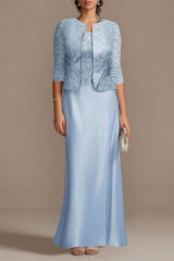 Elegant Long Blue Lace Satin Mother of the Bride Dress with Coordinating Jacket