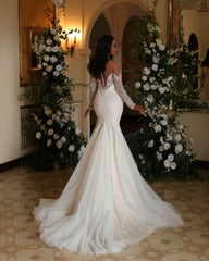 Refined Long Ivory Mermaid Long Sleeve Lace Tulle Wedding Dress