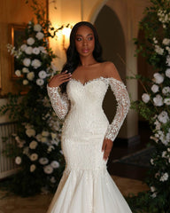 Refined Long Ivory Mermaid Long Sleeve Lace Tulle Wedding Dress