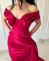 Refined Long Mermaid Off-the-shoulder Sleeveless V-neck Satin Fuchsia Prom Gown