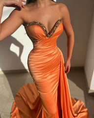 Elegant Sleeveless Long Orange Mermaid Satin Crystal Gown for Prom