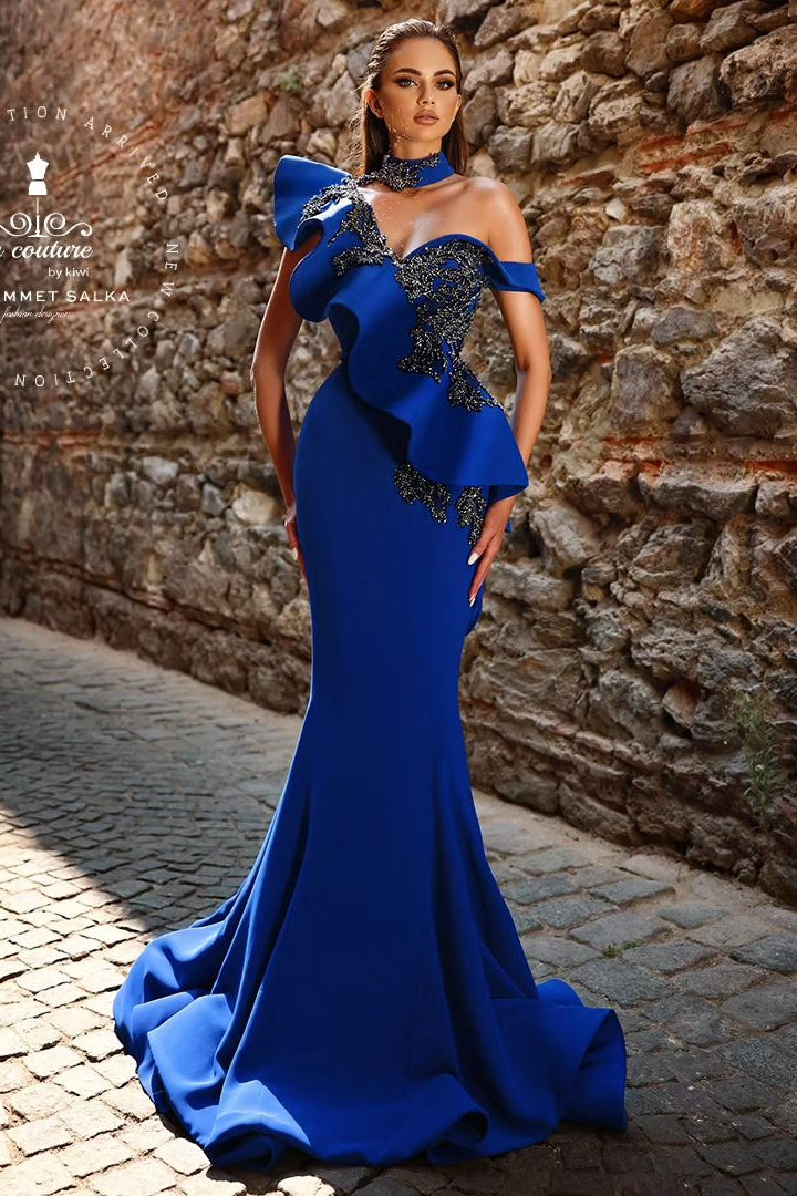 Elegant Long Royal Blue One-Shoulder Mermaid Dress with Beading and Ruffles