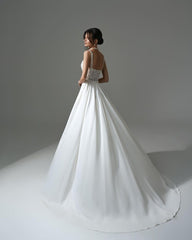 Sophisticated Long White A-line Beaded Lace Wedding Dress With Slit