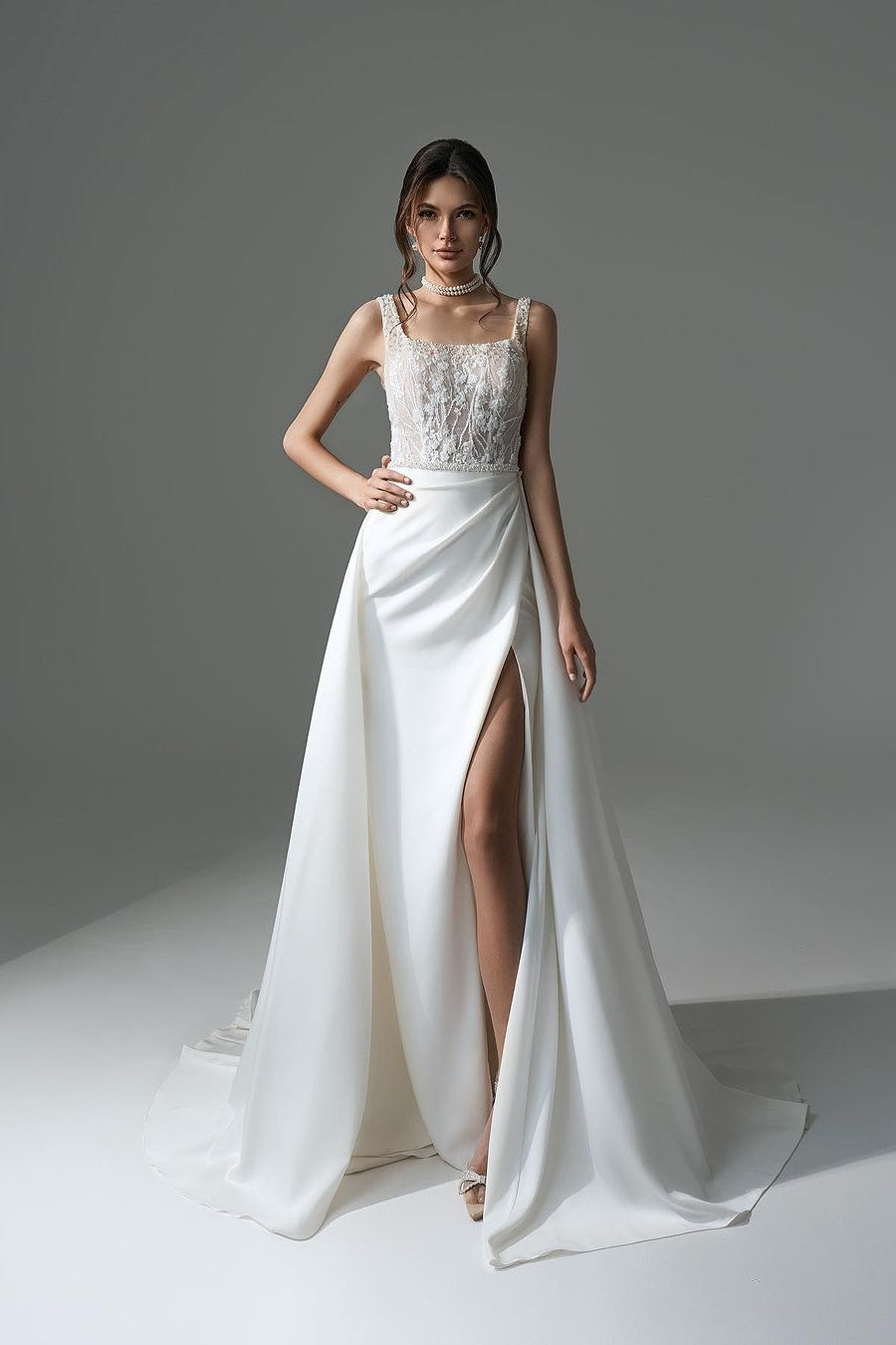 Sophisticated Long White A-line Beaded Lace Wedding Dress With Slit