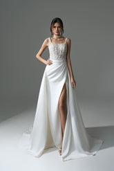 Sophisticated Long White A-line Beaded Lace Wedding Dress With Slit