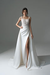 Sophisticated Long White A-line Beaded Lace Wedding Dress With Slit