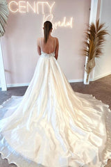 Fabulous Floor-Length Spaghetti Straps V-Neck Sleeveless A-Line Wedding Dresses with Appliques