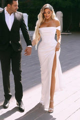 Elegant Split Front Off-The-Shoulder Stain Ruffles Floor-Length Wedding Dresses with Short Sleeves