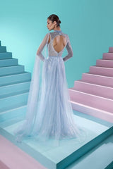 Fabulous Long A-line High Neck Long Sleeve Beaded Prom Dress with Graceful Slit